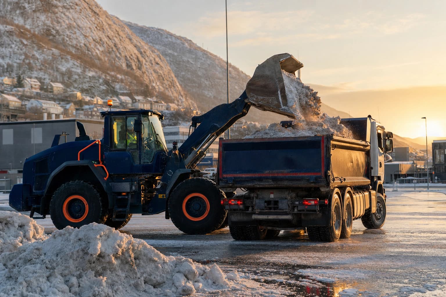 Apila hjullaster laster snø på lastebil i en norsk parkeringsplass