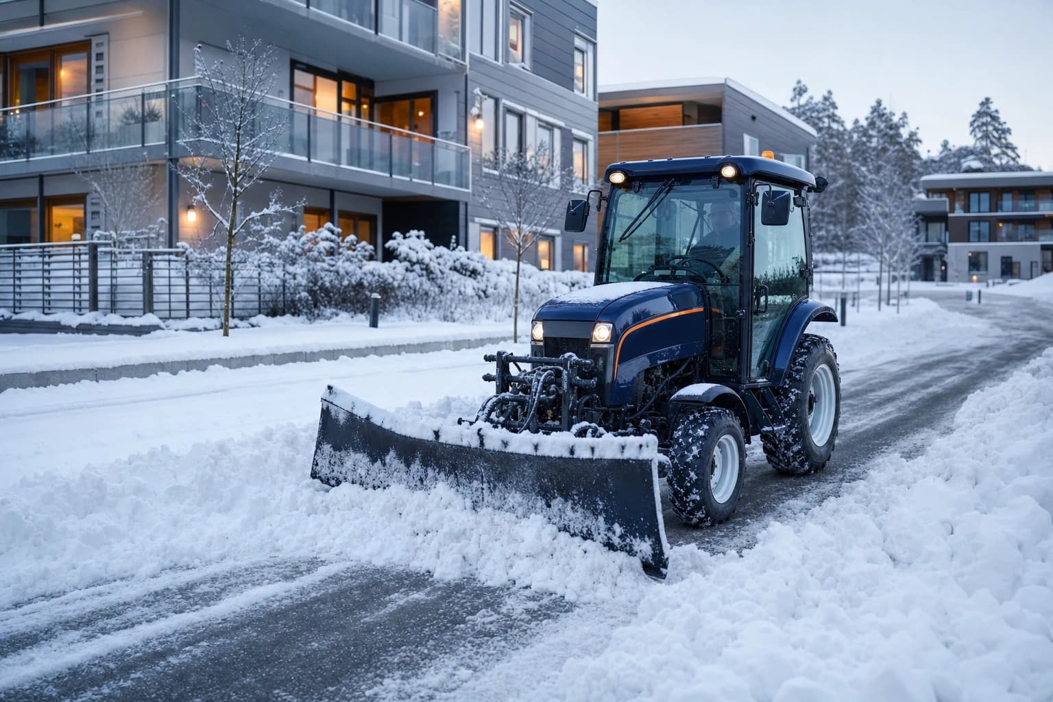 Apila navy traktor med snøplog brøyter snø foran et borettslag i Norge