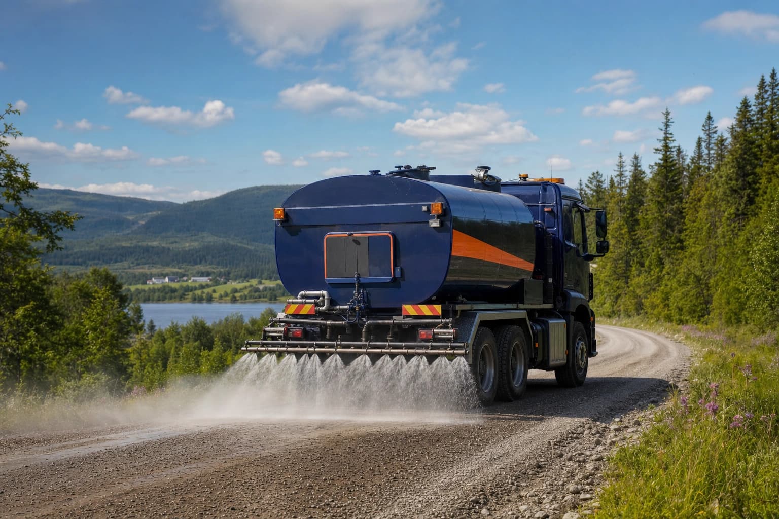 Apila tankbil sprer støvbindingsmiddel på en grusvei i Norge