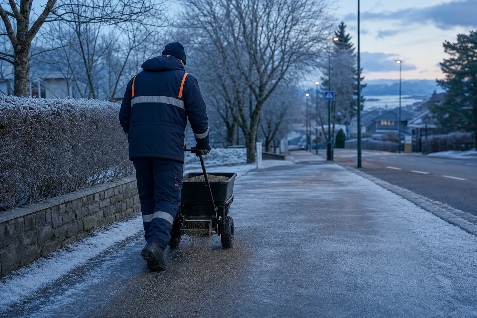 Apila-medarbeider strør sand på en isete gangvei i Norge