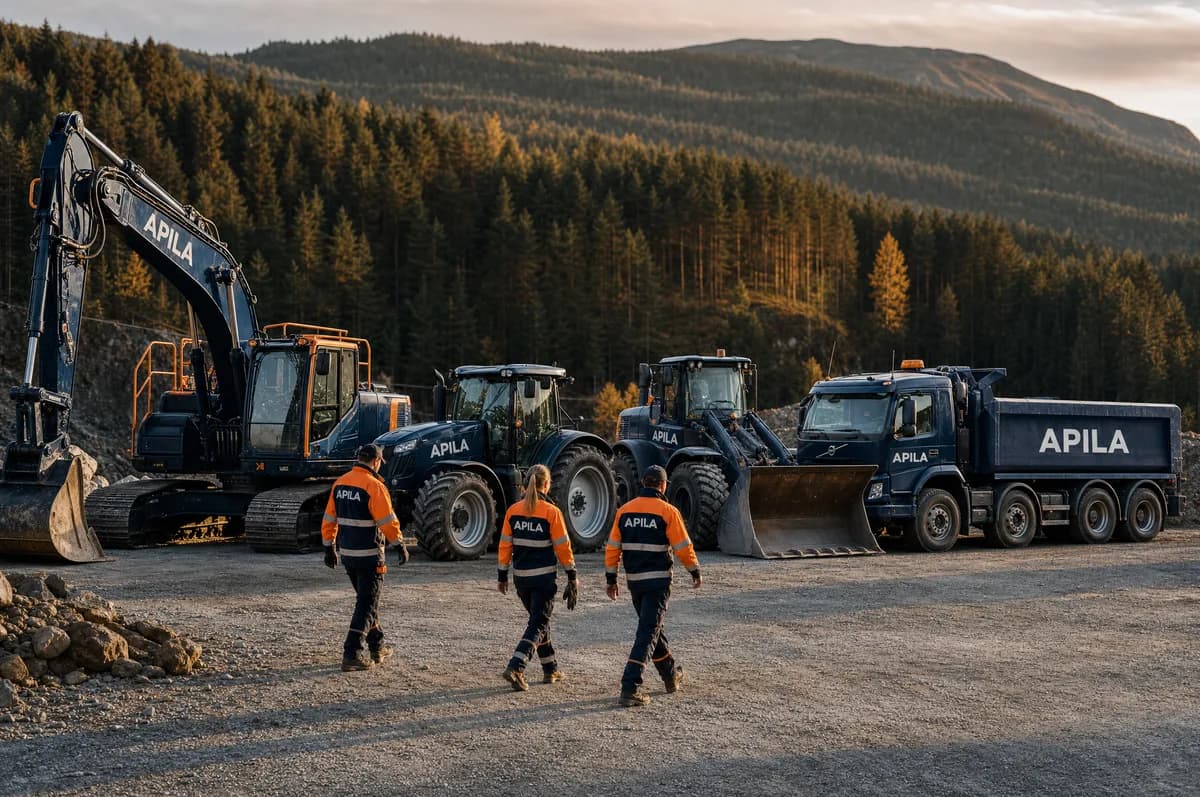 Apila maskinpark — gravemaskin, hjullaster og lastebil med Apila-team i norsk høstlandskap