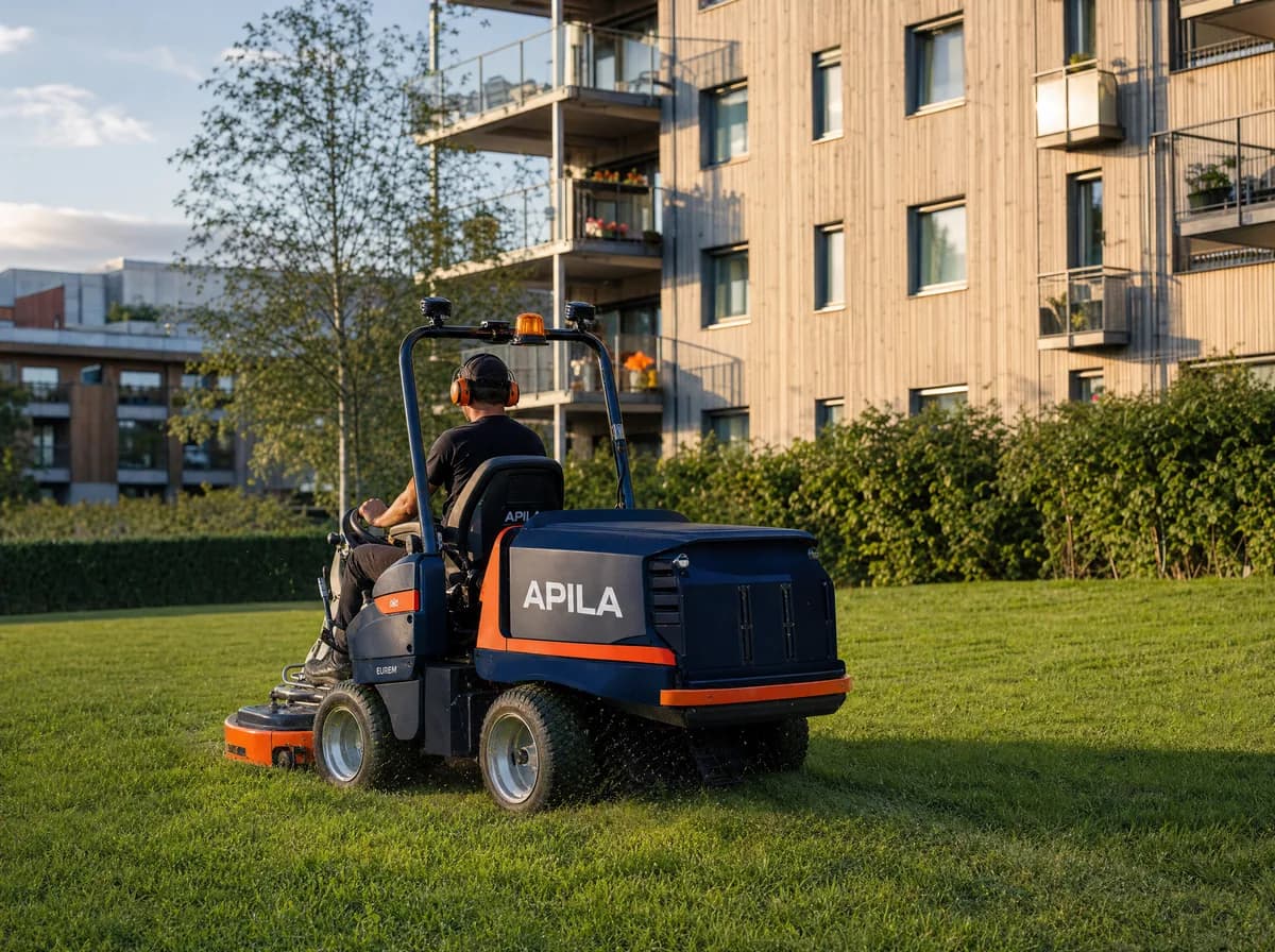 Profesjonell sittegressklipper fra Apila som klipper plen i et norsk borettslag