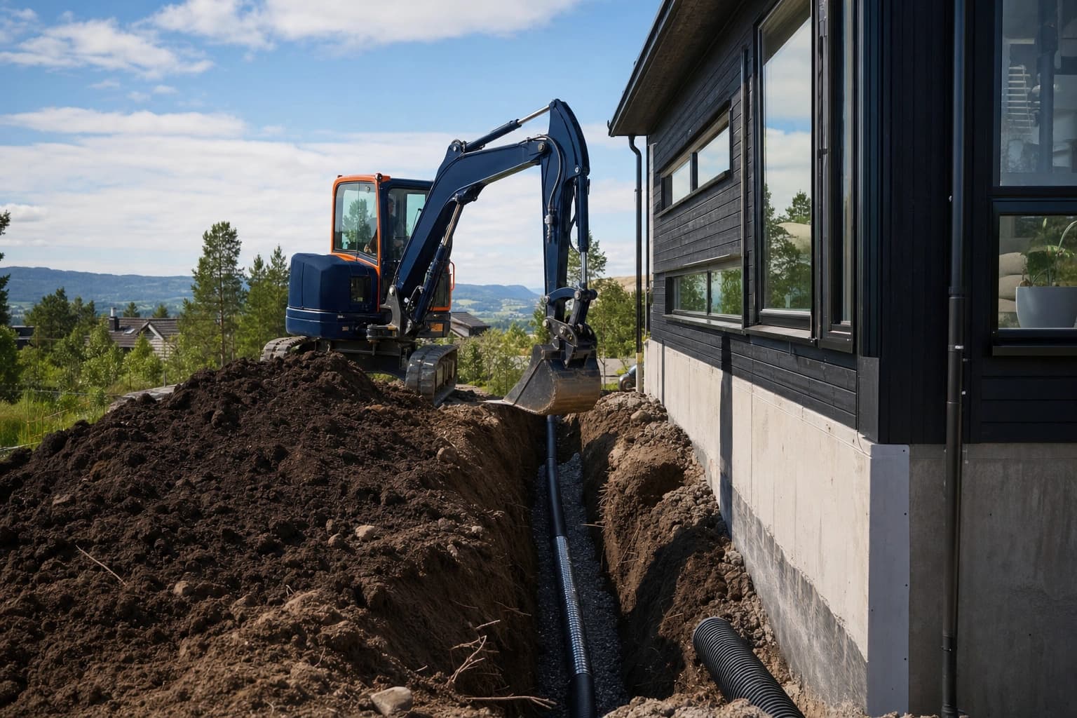 Apila gravemaskin graver drensgrøft langs grunnmur på norsk bolig