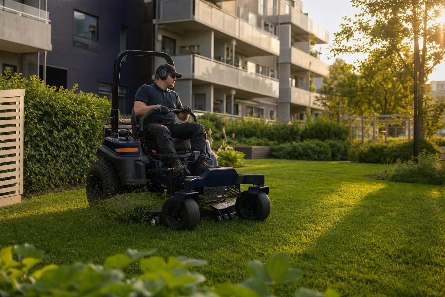 Apila plenklippere klipper en grønn plen i et norsk borettslag