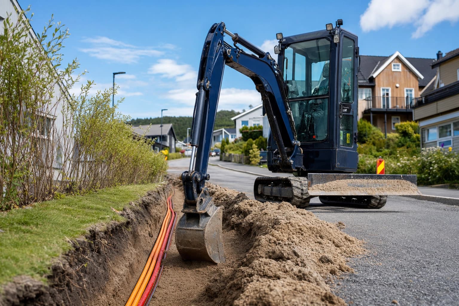 Apila kompakt gravemaskin legger trekkerør for strøm og fiber langs norsk vei
