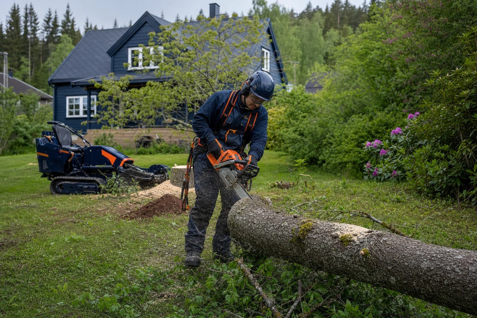 Apila arborist utfører profesjonell trefelling i en norsk hage