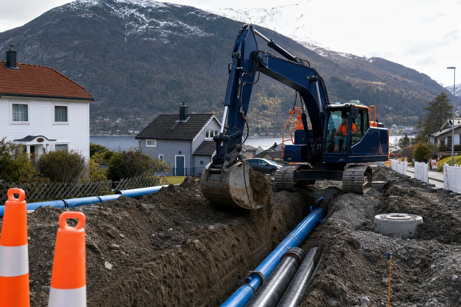 Apila VA-graving — legging av vann- og avløpsledninger i norsk gate
