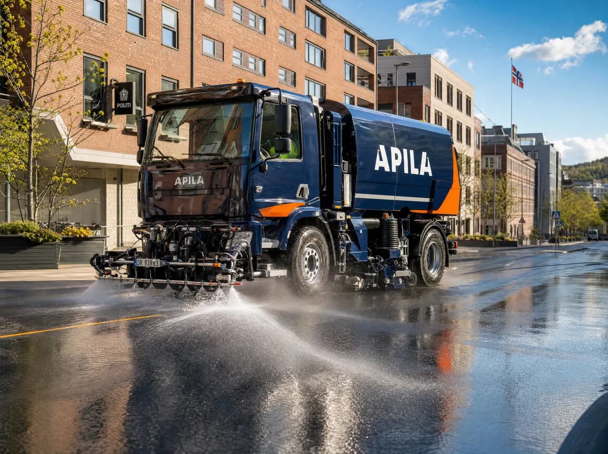 Apila spylebil rengjør asfalten på en bygate i Oslo